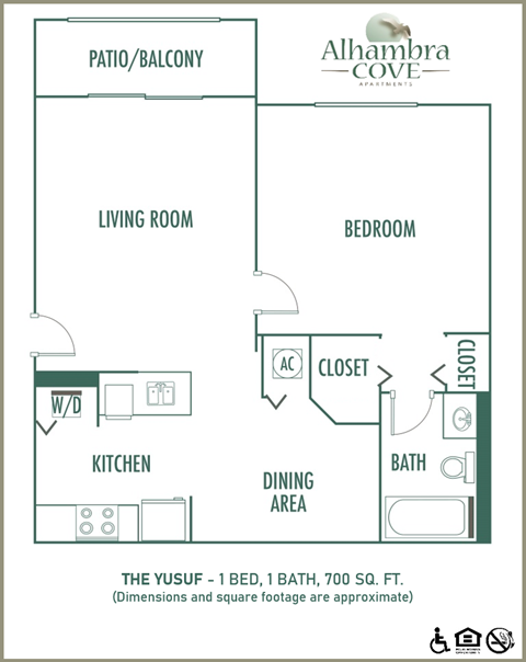 Floor plan for 1 bed, 1 bath, 700 sqft